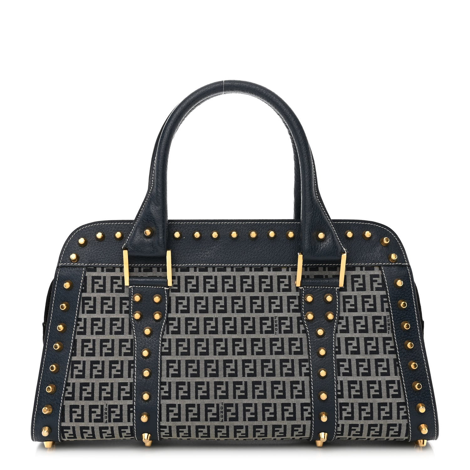 Fendi Zucchino Calfskin Studded Top Handle Satchel Tobacco Blue 1 of 15