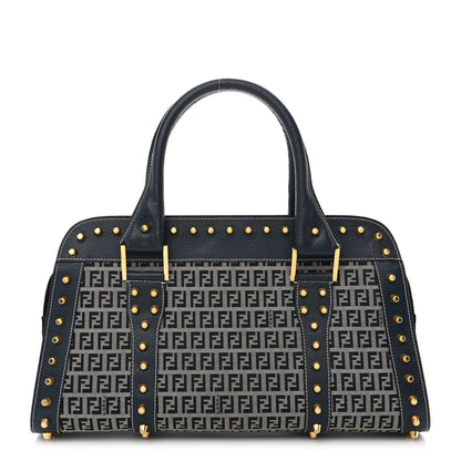 Fendi Zucchino Calfskin Studded Top Handle Satchel Tobacco Blue 1 of 15