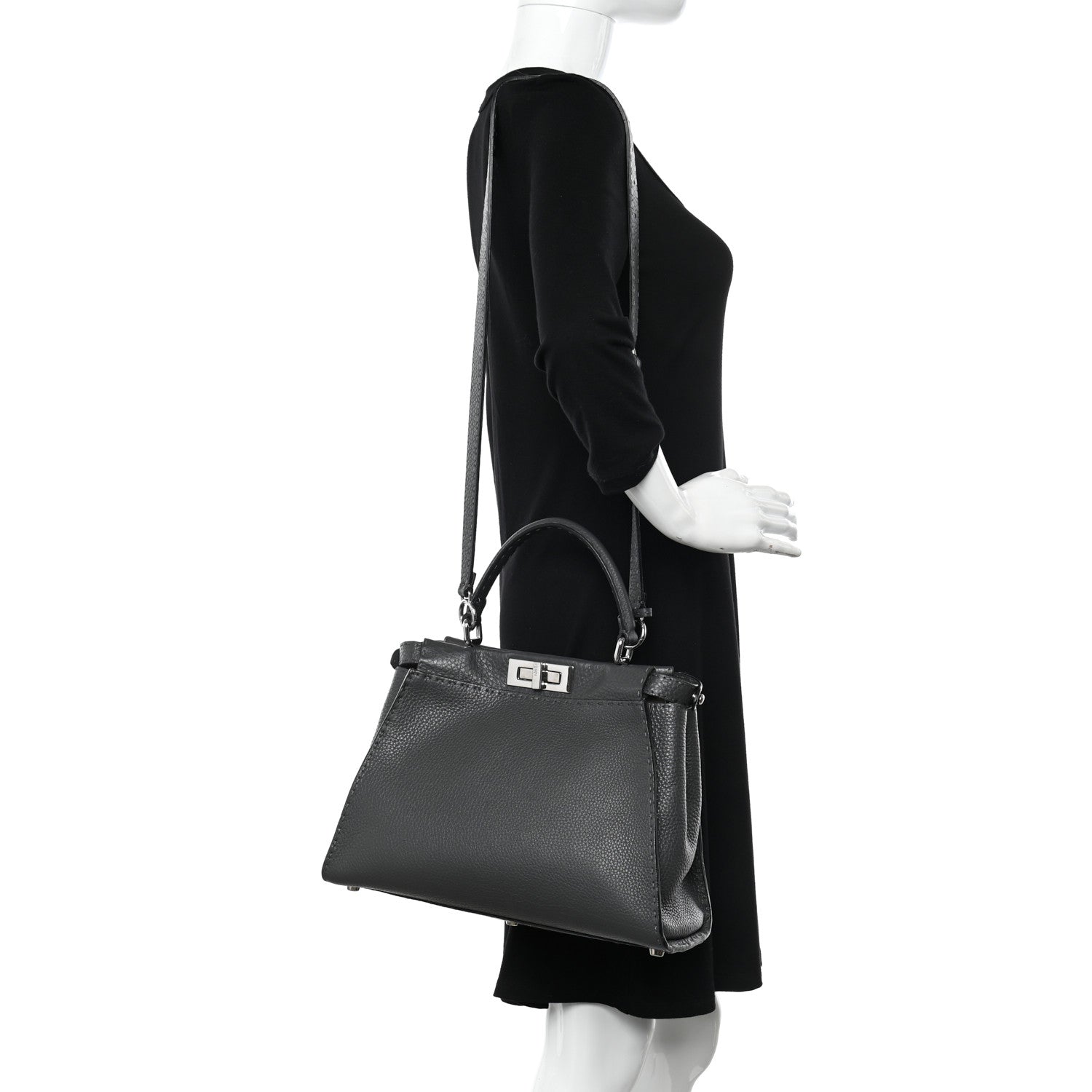 Fendi Cuoio Romano Selleria Bi-Color Medium Peekaboo Iconic Satchel Asfalto Latte 2 of 11