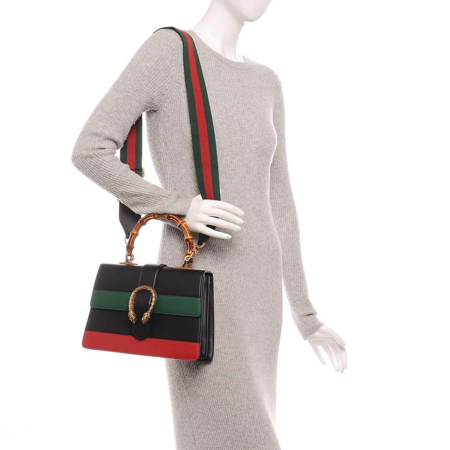 Moon Calfskin Web Medium Dionysus Bamboo Top Handle Bag Black Bright Evergreen Hibiscus Red
