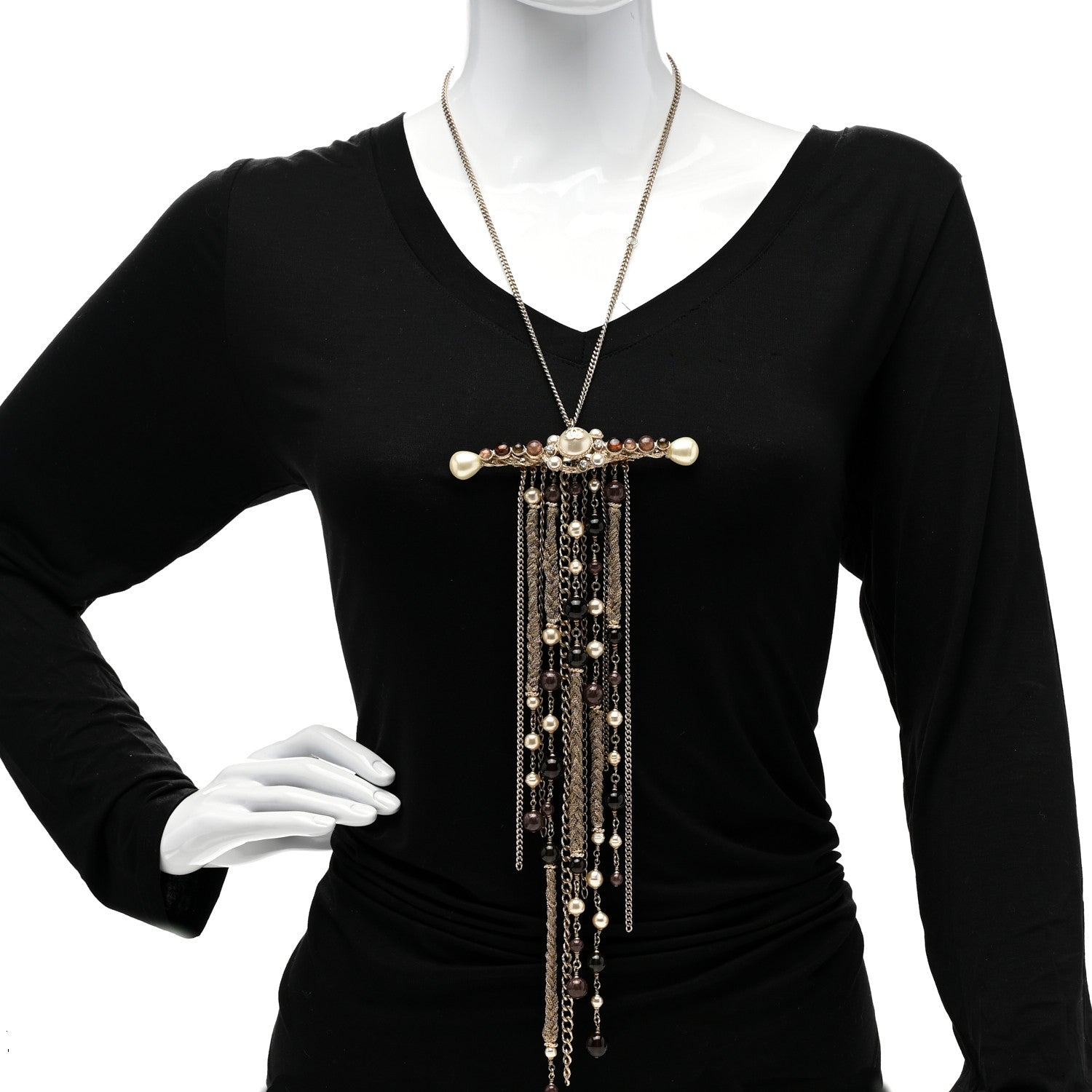 Chanel Pearl Crystal Multi Strand Necklace Gold Purple 2 of 5