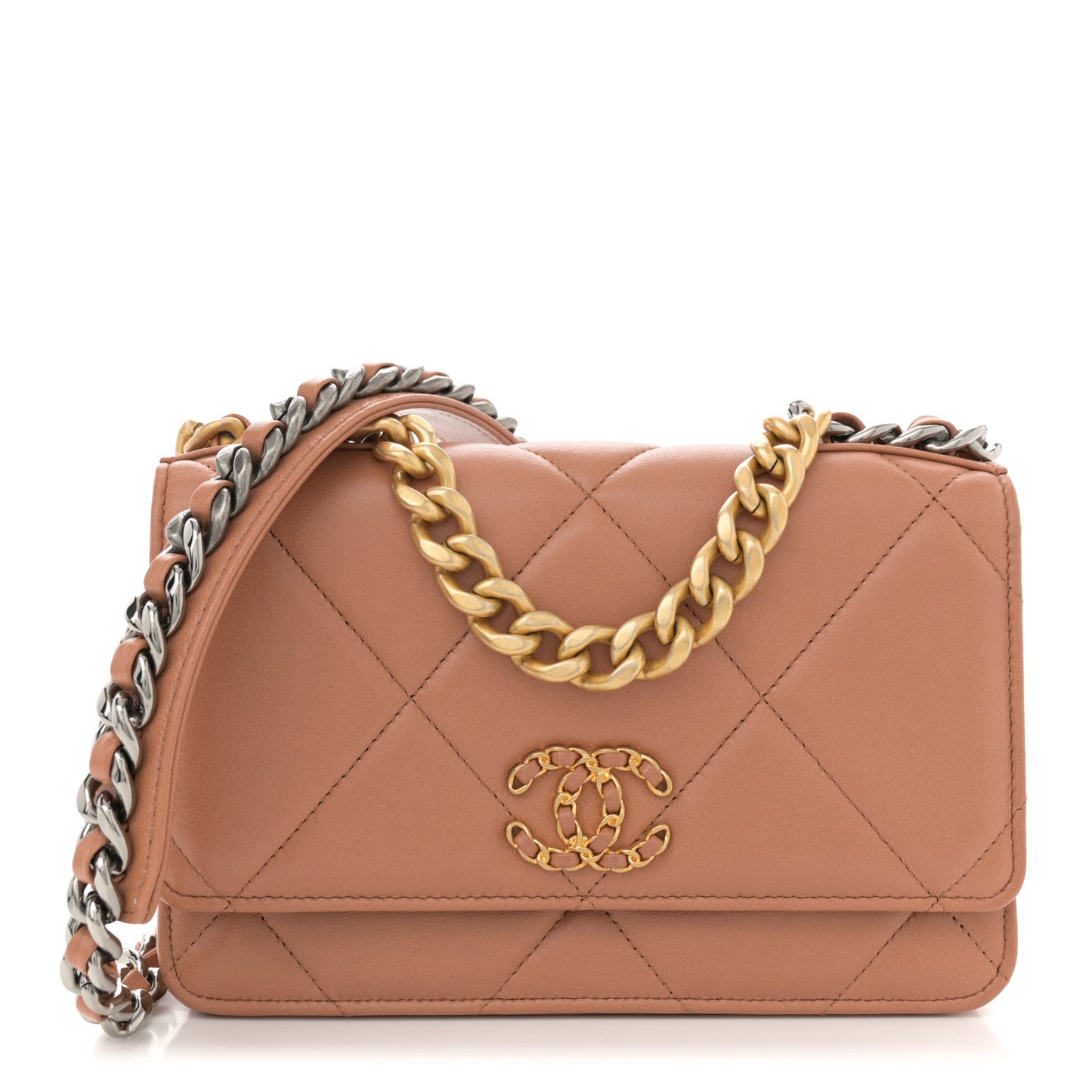 Lambskin Quilted Chanel 19 Wallet On Chain WOC Brown