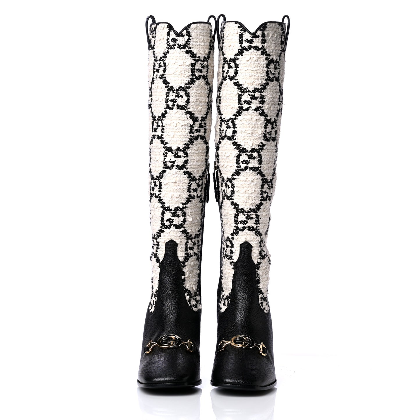 Tweed GG Monogram Wrinkled Kid Zumi Knee Boots 38 Natural Black