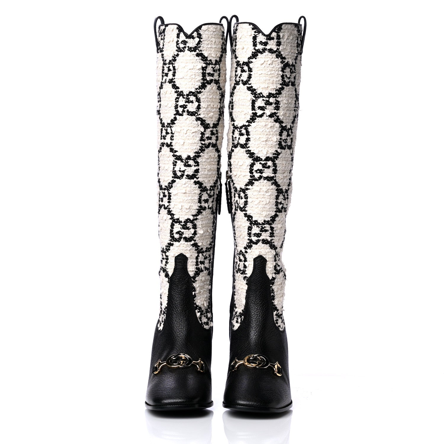 Gucci Tweed GG Monogram Wrinkled Kid Zumi Knee Boots 38 Natural Black 2 of 6