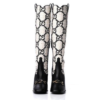 Gucci Tweed GG Monogram Wrinkled Kid Zumi Knee Boots 38 Natural Black 2 of 6