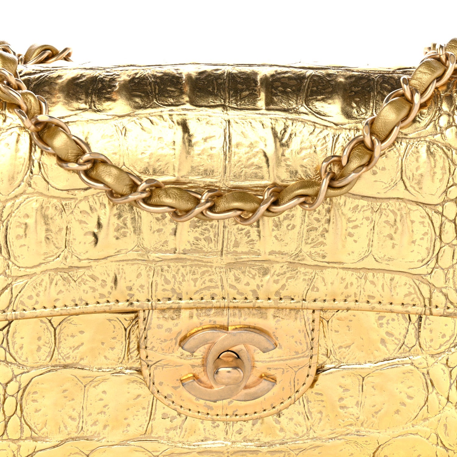 Chanel Metallic Calfskin Crocodile Embossed Cocodile Rectangular Mini Flap Gold 8 of 11