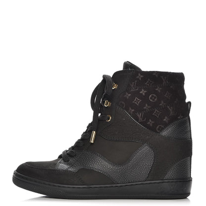 Louis Vuitton Calfskin Suede Monogram Cliff Top Wedge Sneakers 36 Black 1 of 8
