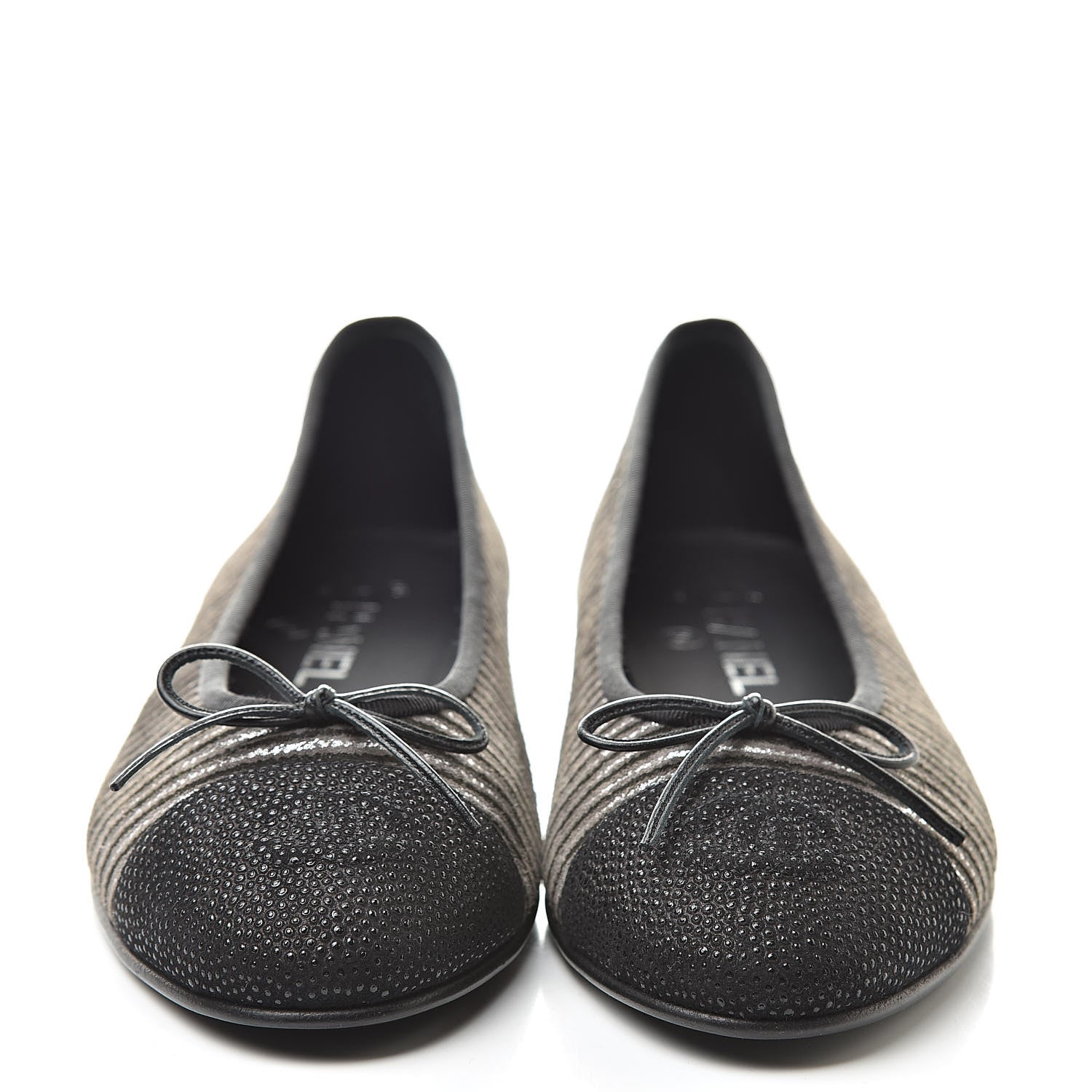 Chanel Velvet Caviar Striped CC Cap Toe Ballerina Flats 39 Grey Black 2 of 7