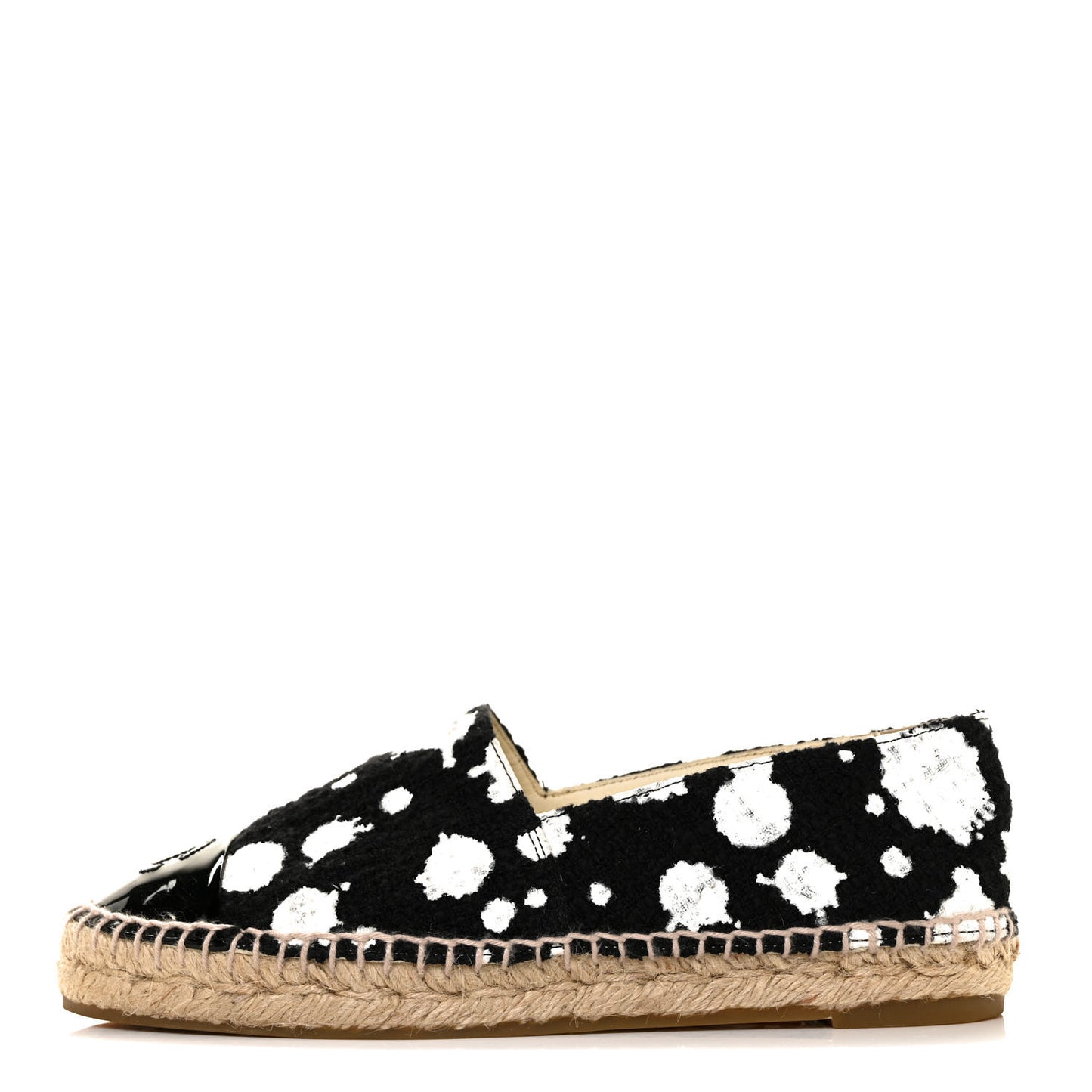 Printed Tweed Patent Calfskin CC Espadrilles 36 Black White