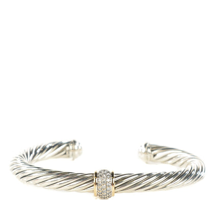 David Yurman Sterling Silver 18K Yellow Gold Diamond Pave 7mm Cable Classics Bracelet 1 of 5