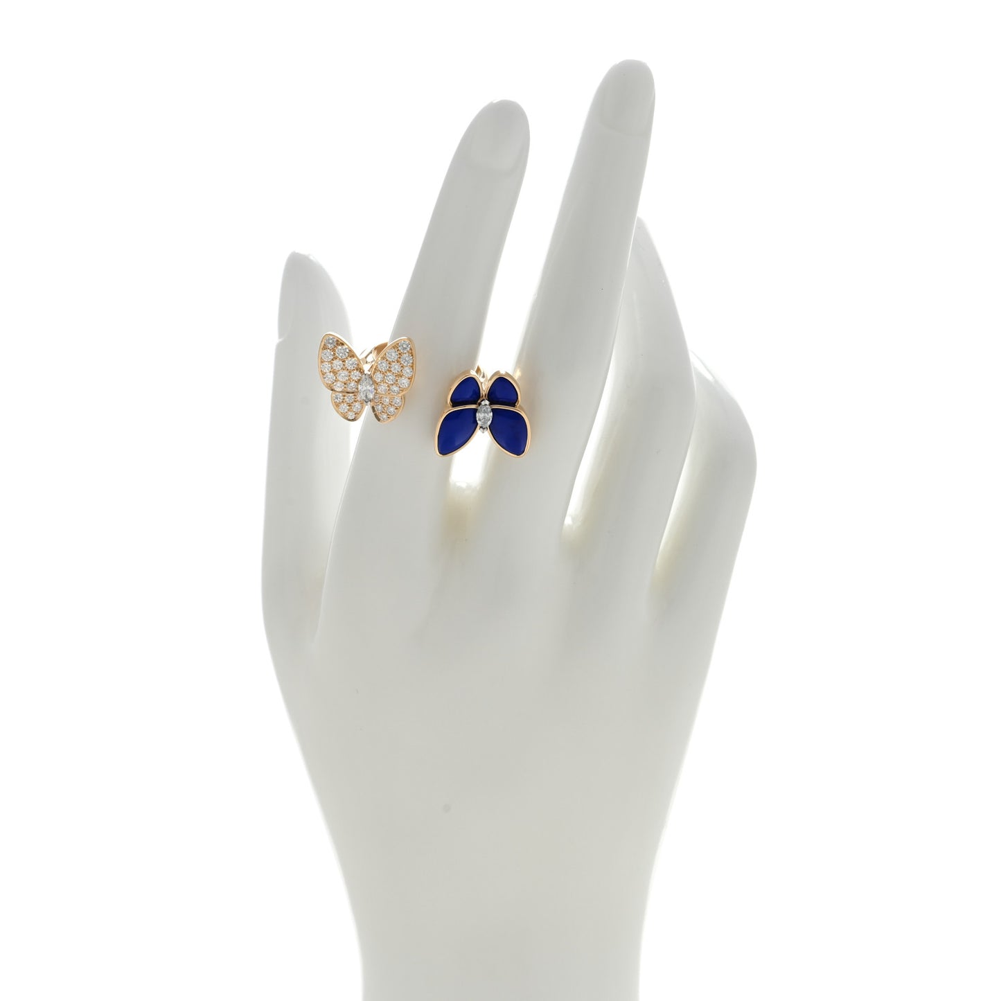18K Yellow Gold Diamond Lapis Lazuli Two Butterfly Between The Finger Ring 53 6.5