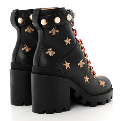 Gucci Calfskin Embroidered Lace Up Combat Ankle Boots 37.5 Black 4 of 14