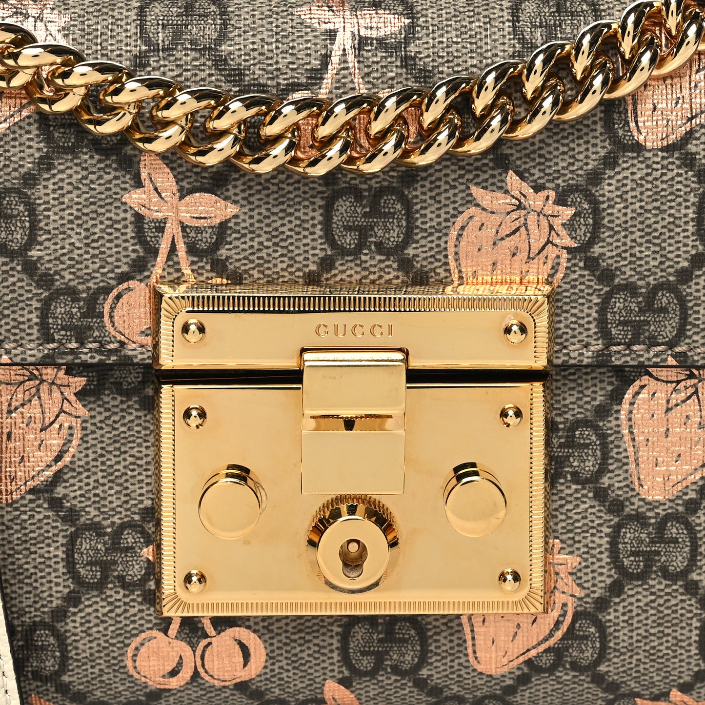 GG Supreme Monogram Berry Textured Dollar Calfskin Small Padlock Shoulder Bag Beige Ebony Light Copper Mystic White