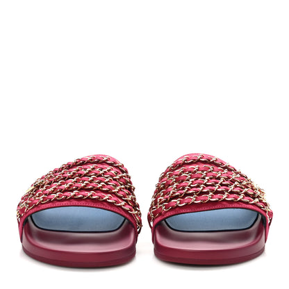 Chanel Satin Chain Slides Sandals Flats 40 Dark Fuchsia 3 of 9