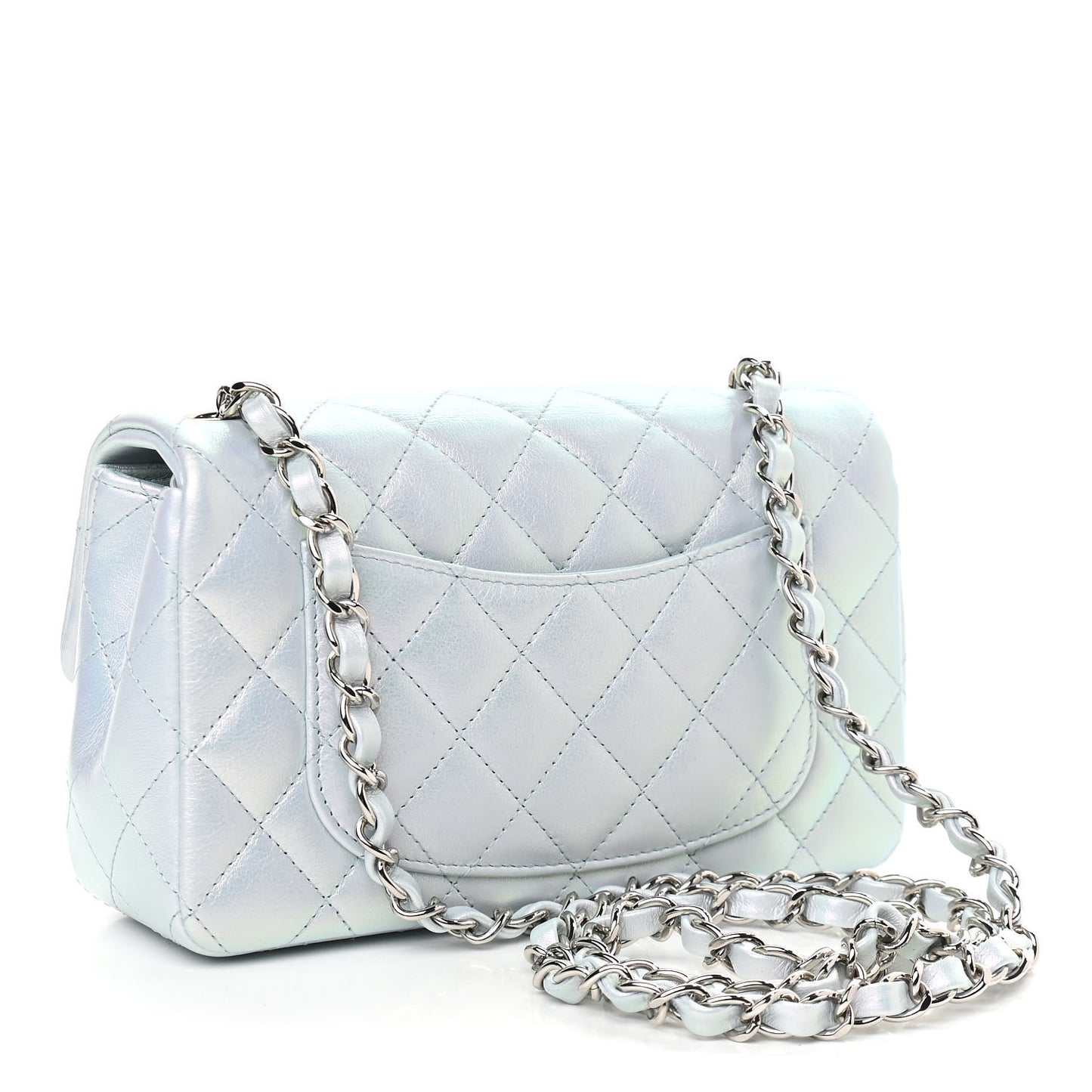 Iridescent Calfskin Quilted Mini Rectangular Flap Light Blue