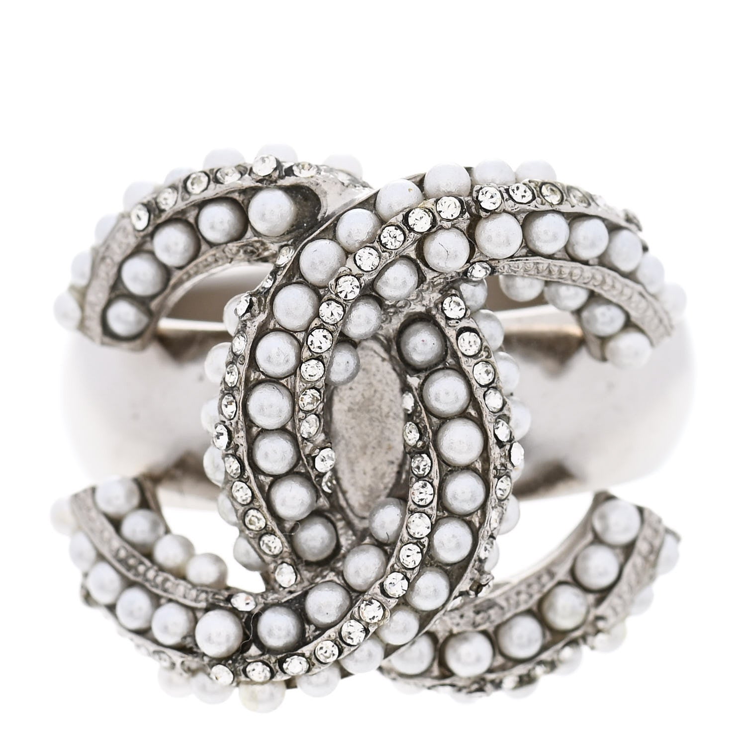 Chanel Crystal Pearl CC Ring 7 Silver 1 of 4