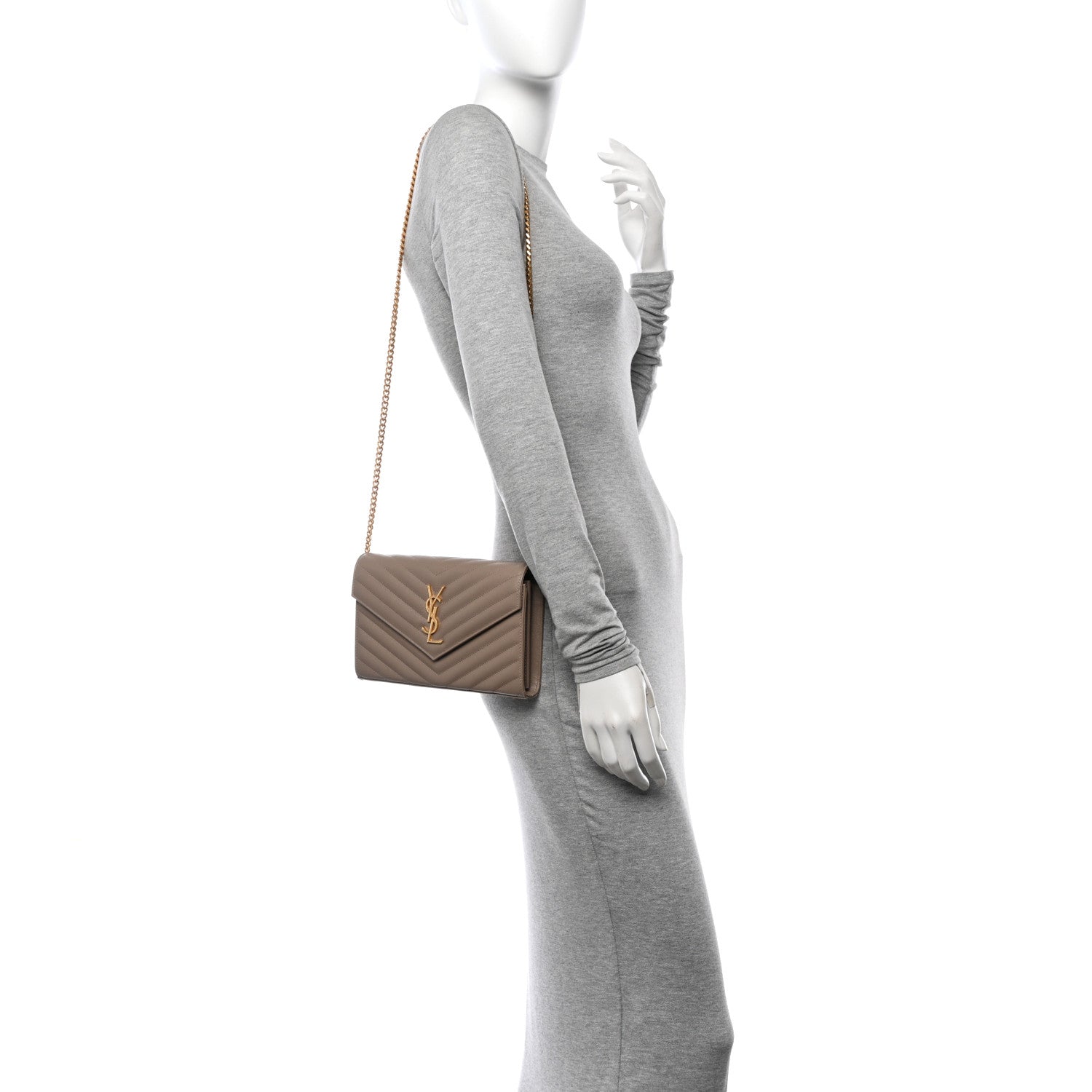 Saint Laurent Grain De Poudre Matelasse Chevron Monogram Envelope Chain Wallet Dusty Grey 2 of 11