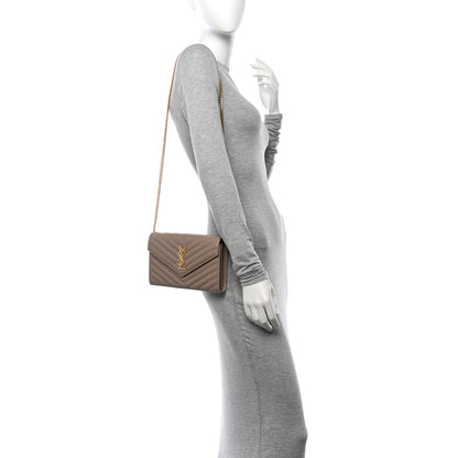 Saint Laurent Grain De Poudre Matelasse Chevron Monogram Envelope Chain Wallet Dusty Grey 2 of 11