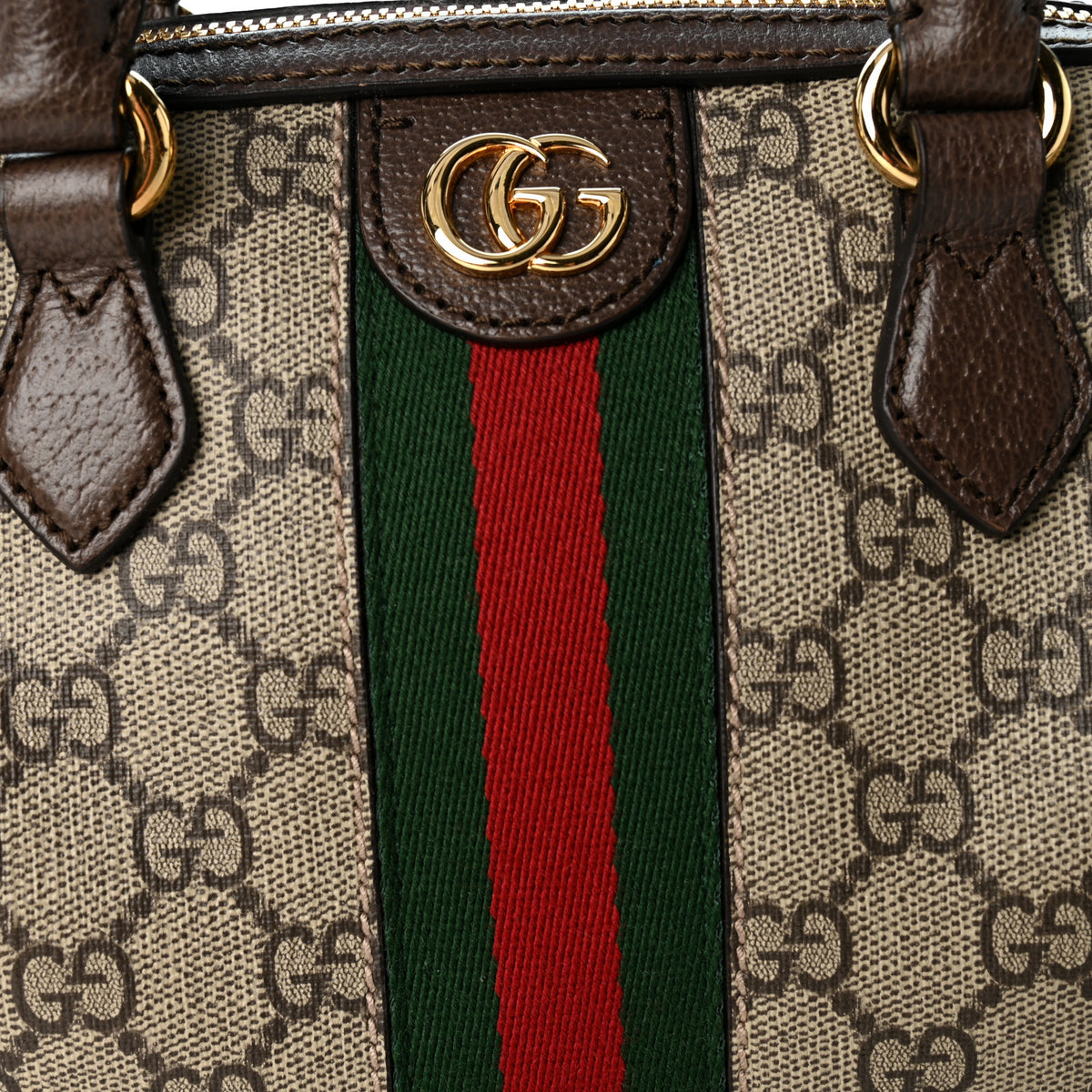 Gucci GG Supreme Monogram Textured Dollar Calfskin Web Mini Ophidia Top Handle Bag Beige Ebony New Acero 8 of 10