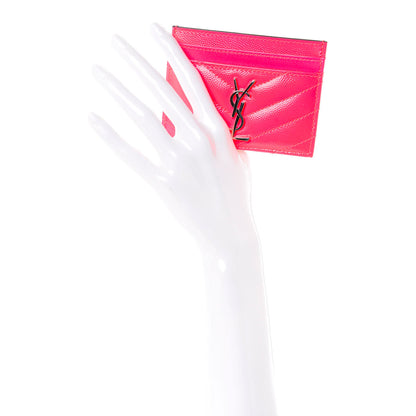 Saint Laurent Grain De Poudre Matelasse Chevron Monogram Credit Card Case Neon Pink 2 of 8