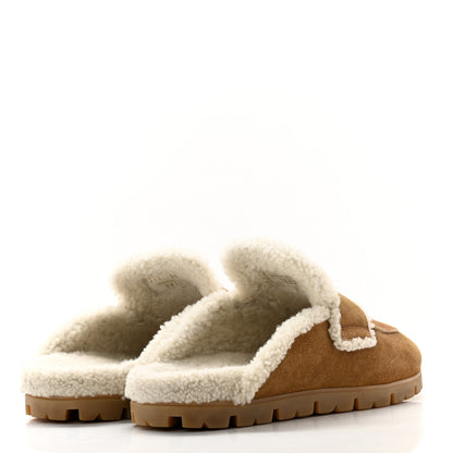 Prada Suede Shearling Metal Triangle Logo Lug Sole 20mm Mules 38 Beige 4 of 8