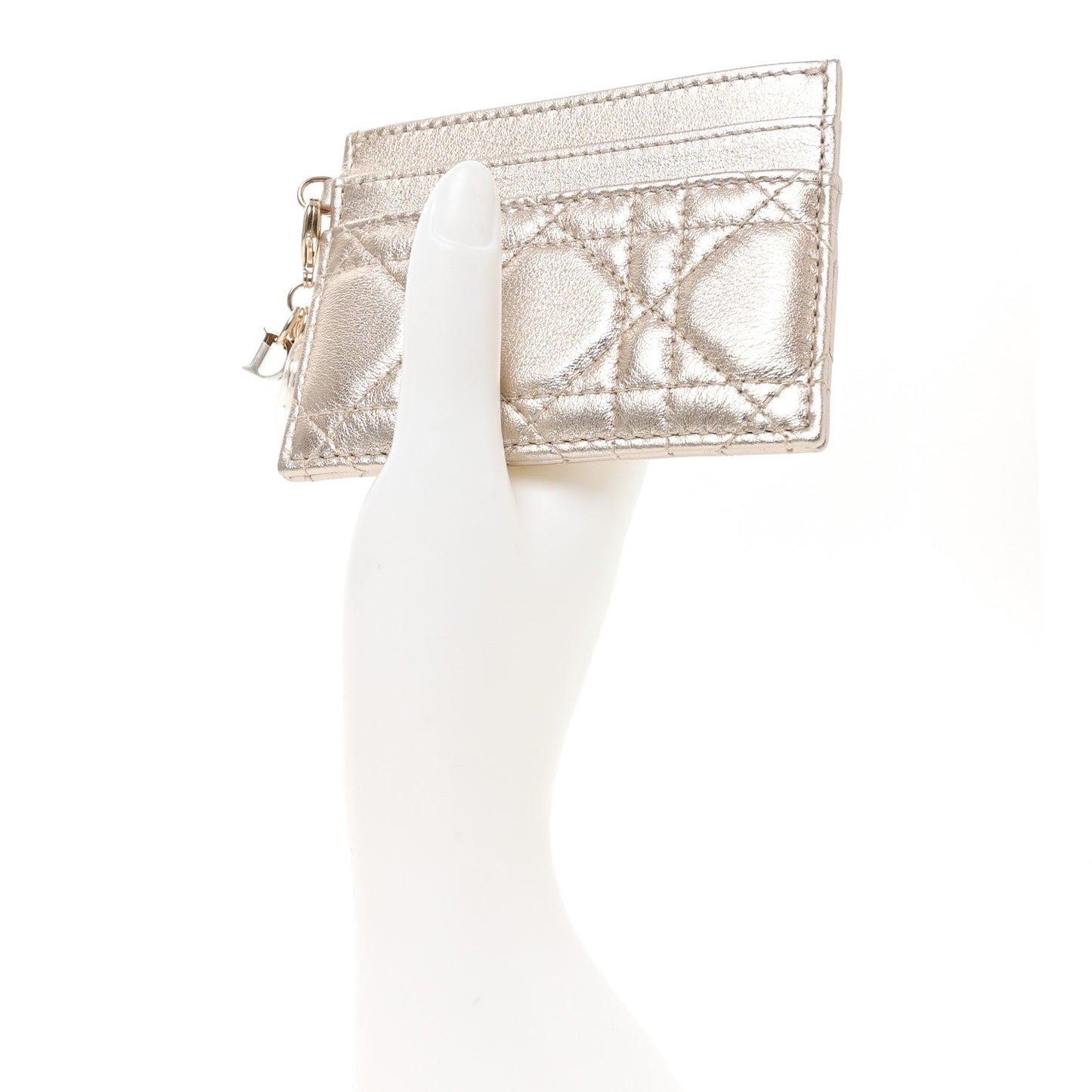 Metallic Calfskin Cannage Lady Dior Freesia Card Holder Gold