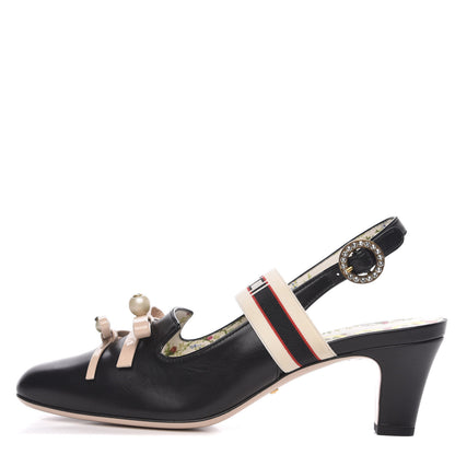 Gucci Malaga Kid Bow Ace Stripe Mid Heel Slingback Pumps 40 Black 1 of 10