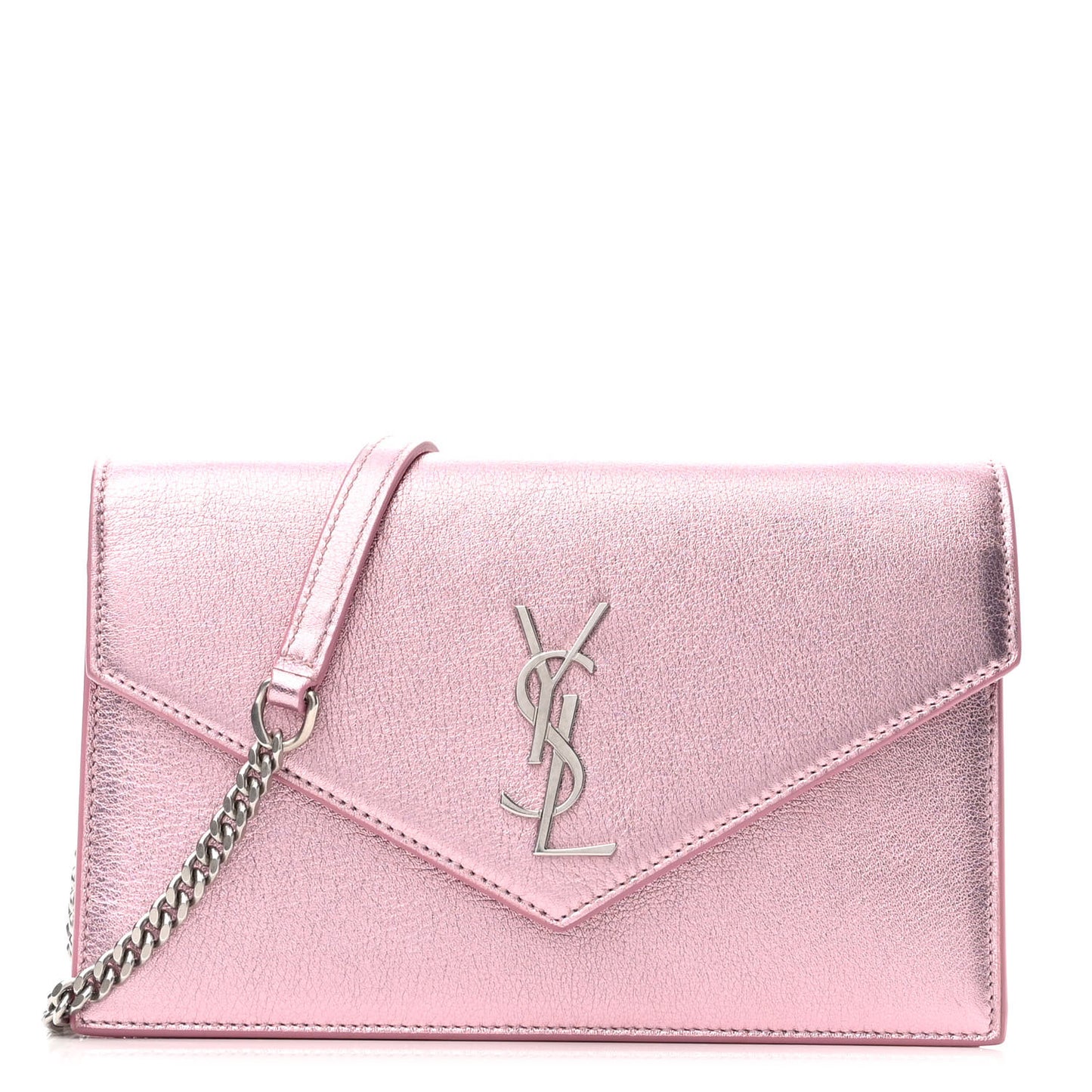 Metallic Calfskin Monogram Envelope Chain Wallet Pink