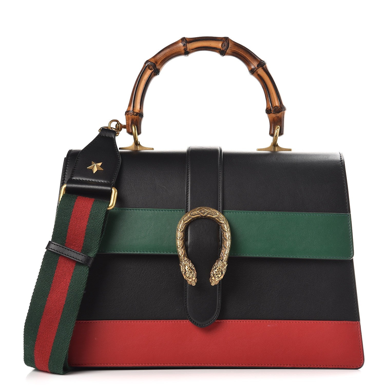 Gucci Calfskin Bamboo Web Large Dionysus Top Handle Bag Black Bright Evergreen Hibiscus Red 1 of 11