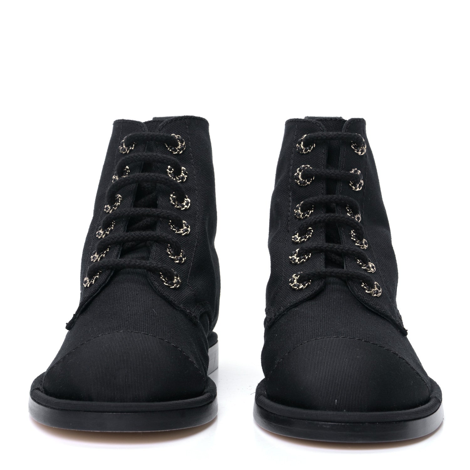 Chanel Cotton Grosgrain Cap Toe CC Lace Up Boots 37 Black 3 of 15