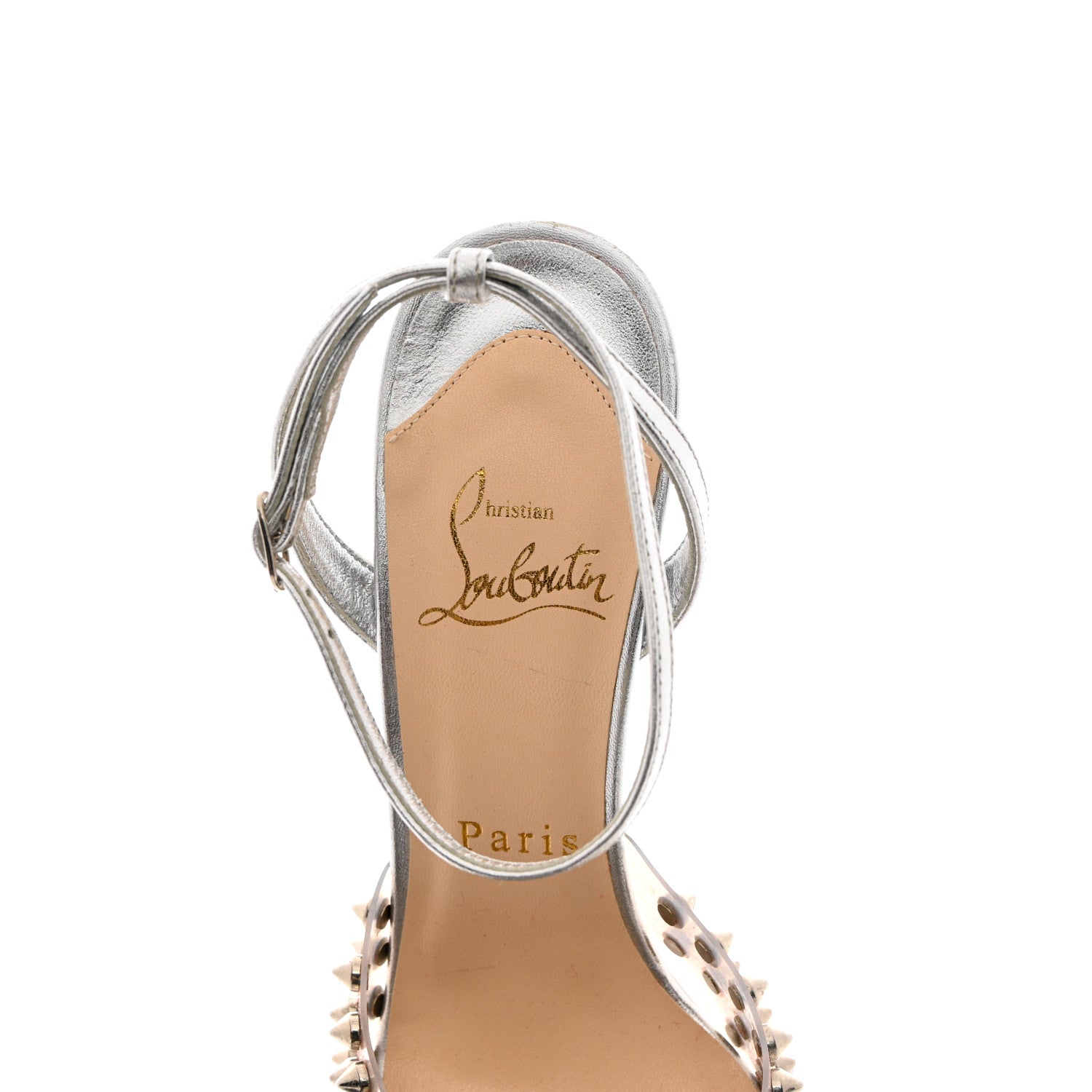 Christian Louboutin Nappa PVC Spiked St Jeannette 120 Peep Toe Pumps 35.5 Silver 6 of 10