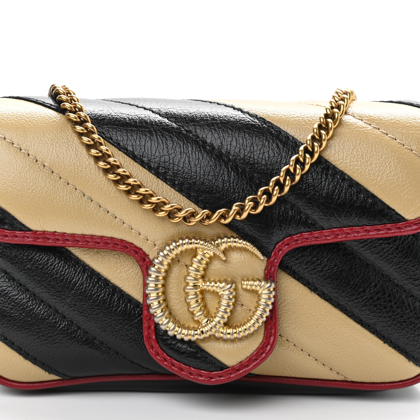 Vintage Effect Calfskin Matelasse Diagonal Striped Super Mini Torchon GG Marmont Shoulder Bag Black Beige