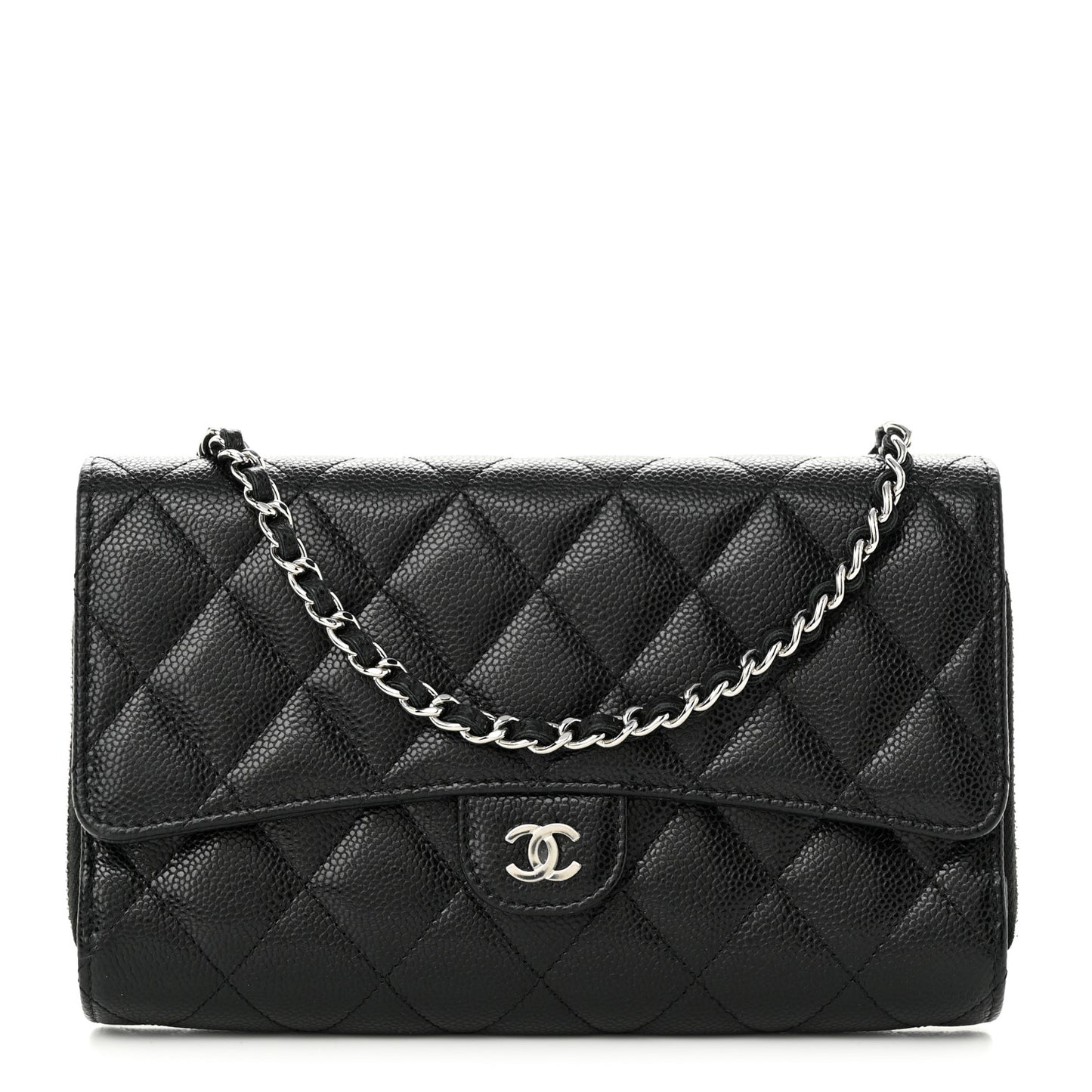Caviar Quilted Phone Holder Wallet on Removable Chain Black