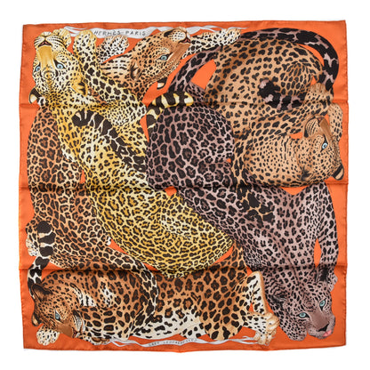 Hermes Silk Twill Lazy Leopardesses Scarf 90 Potiron Brun Miel 1 of 6