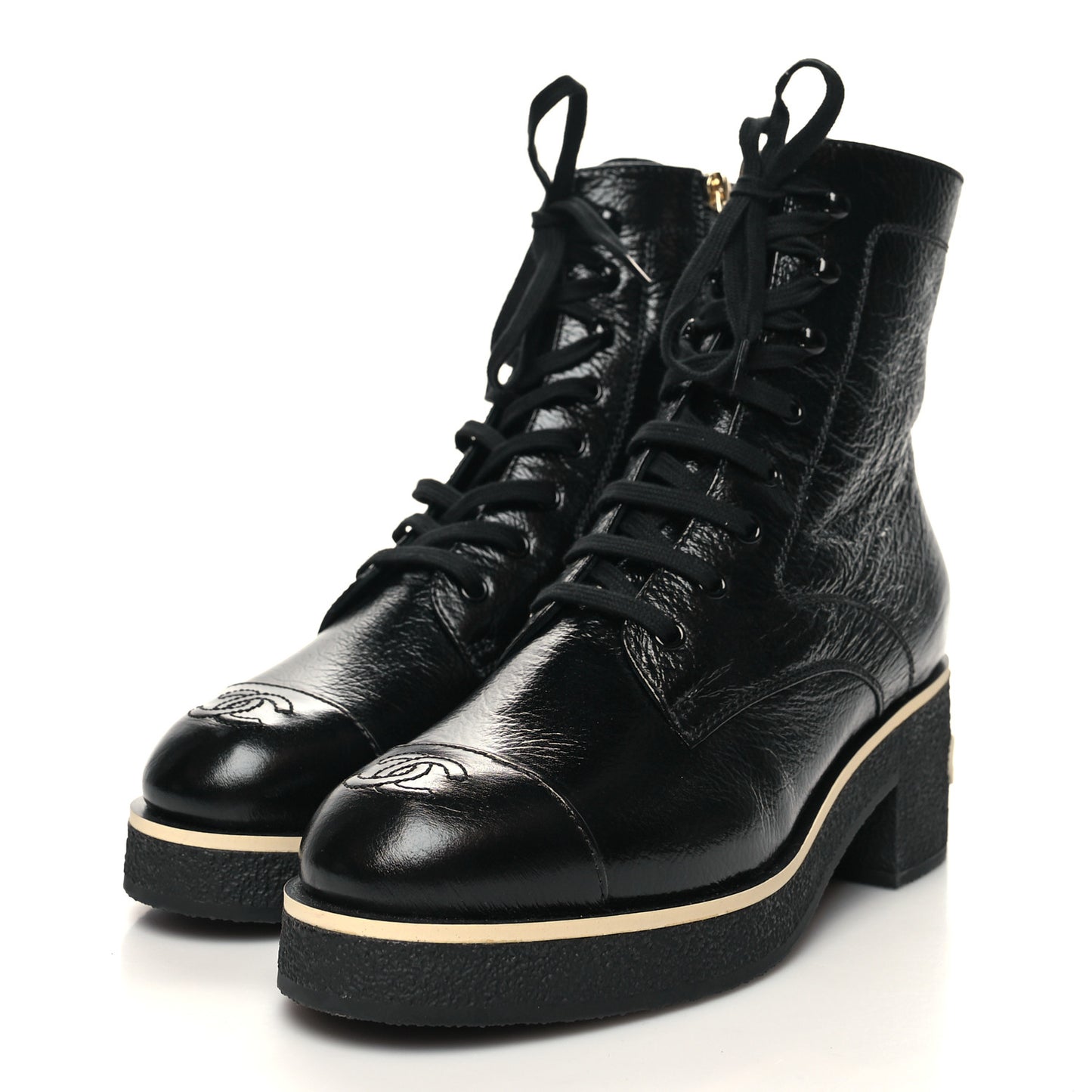 Shiny Crumpled Lambskin Lace Up Combat Boots 40.5 Black