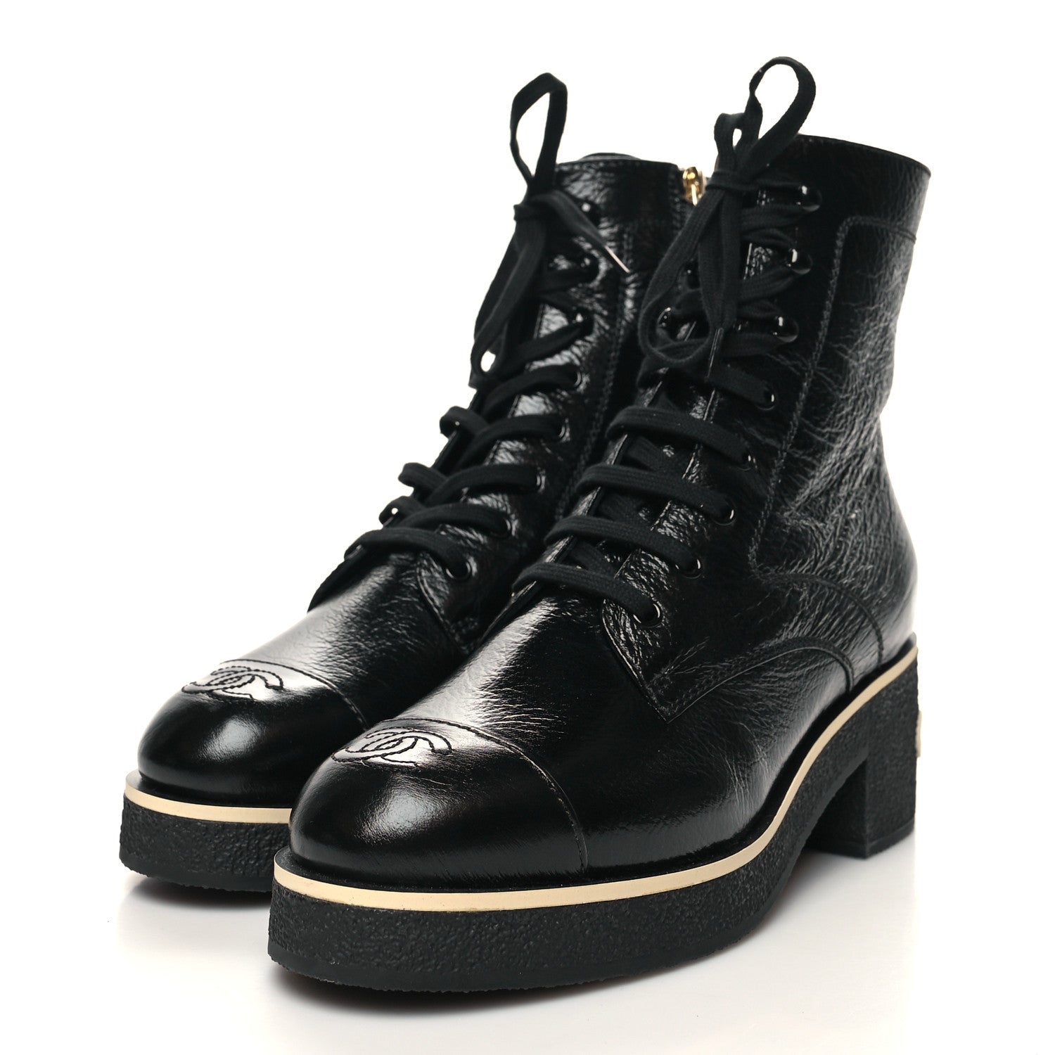 Chanel Shiny Crumpled Lambskin Lace Up Combat Boots 40.5 Black 3 of 8