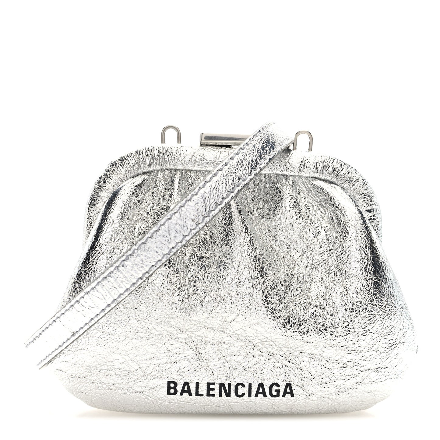 Metallic Textured Calfskin Logo Cloud Coin Purse With Strap Silver