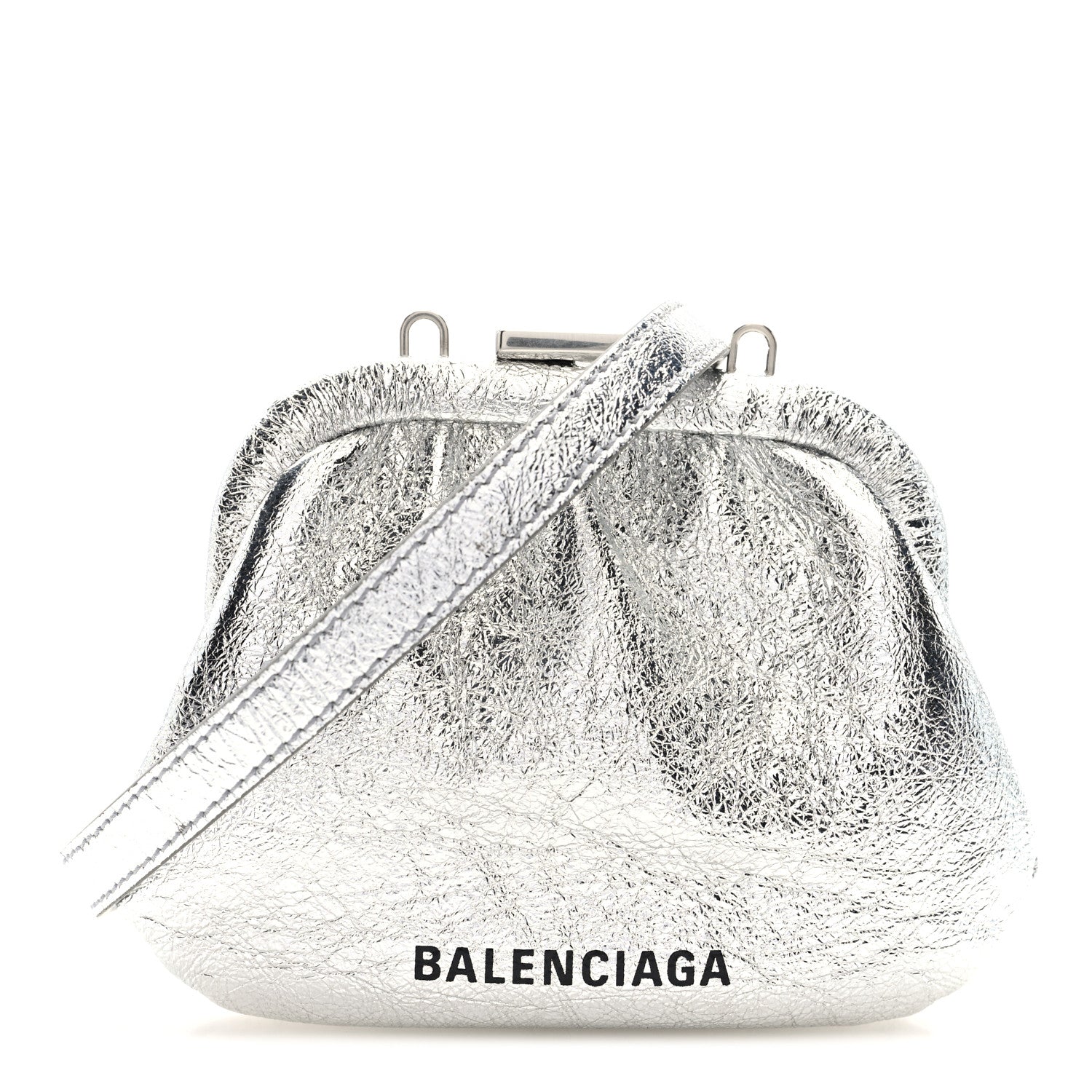 Balenciaga Metallic Textured Calfskin Logo Cloud Coin Purse With Strap Silver 1 of 11