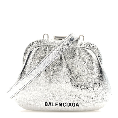 Balenciaga Metallic Textured Calfskin Logo Cloud Coin Purse With Strap Silver 1 of 11