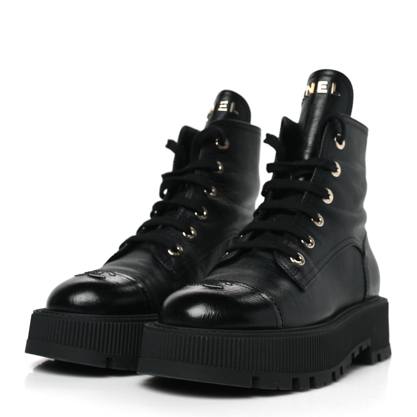Calfskin CC Lace Up Combat Boots 39.5 Black