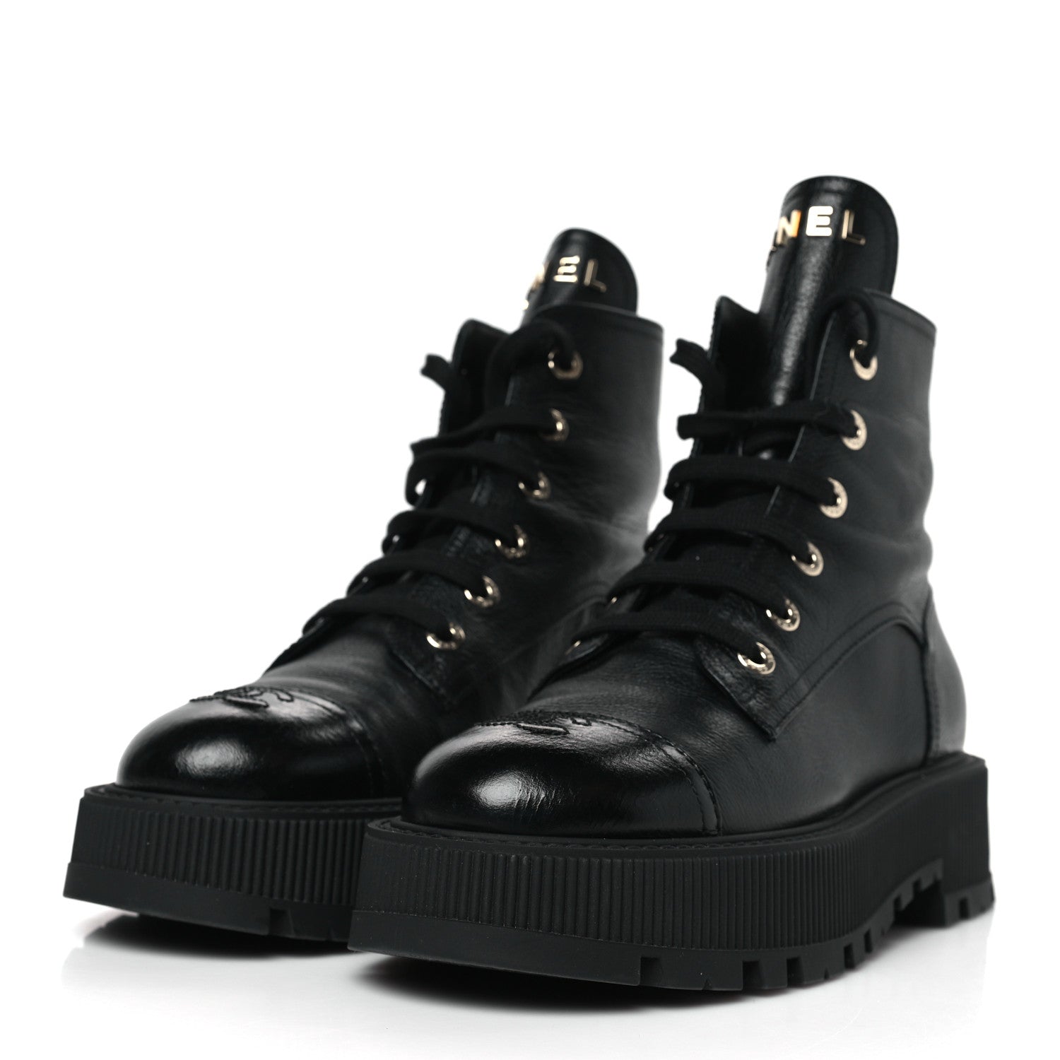 Chanel Calfskin CC Lace Up Combat Boots 39.5 Black 3 of 8