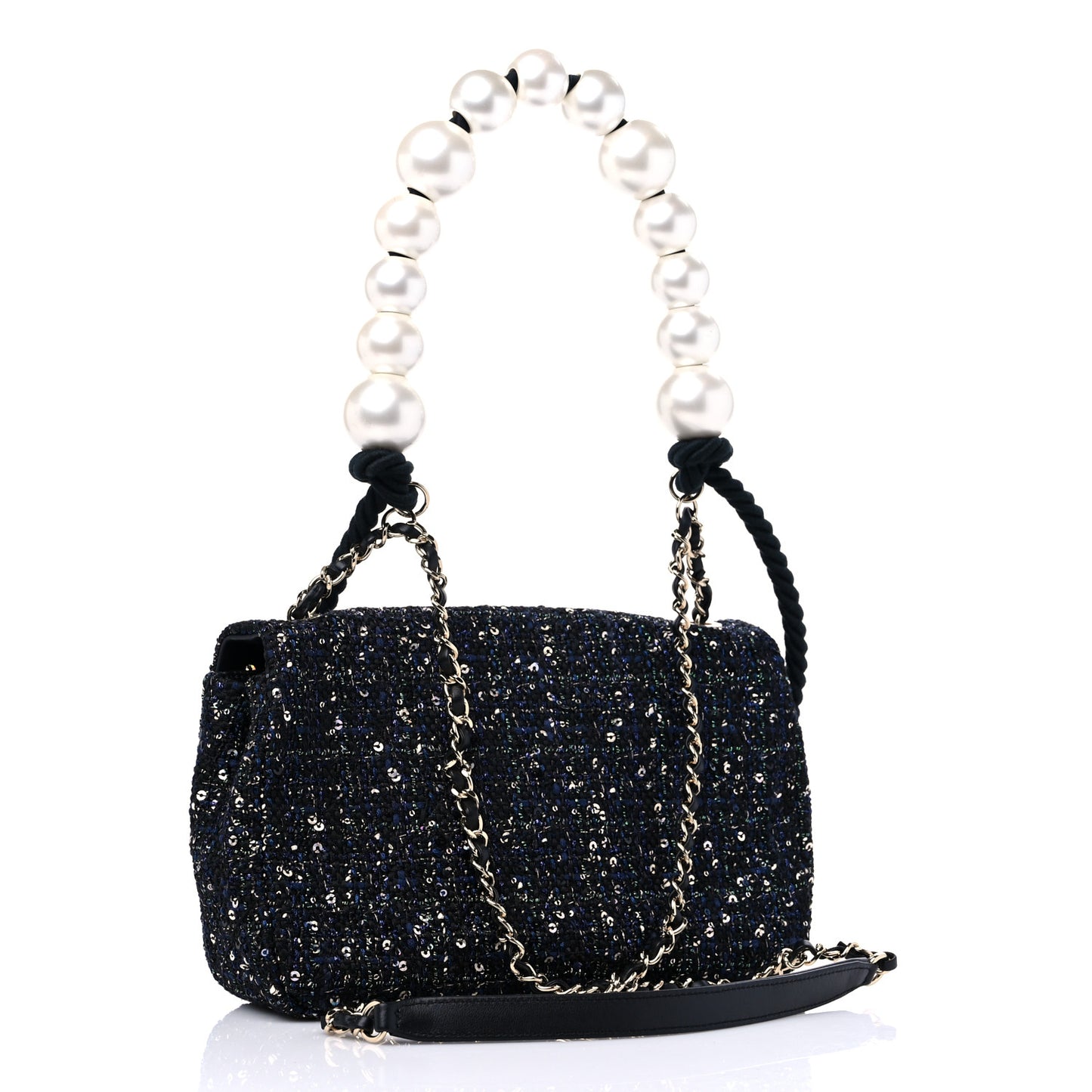 Tweed Medium Pearl Handle Flap Black Ecru