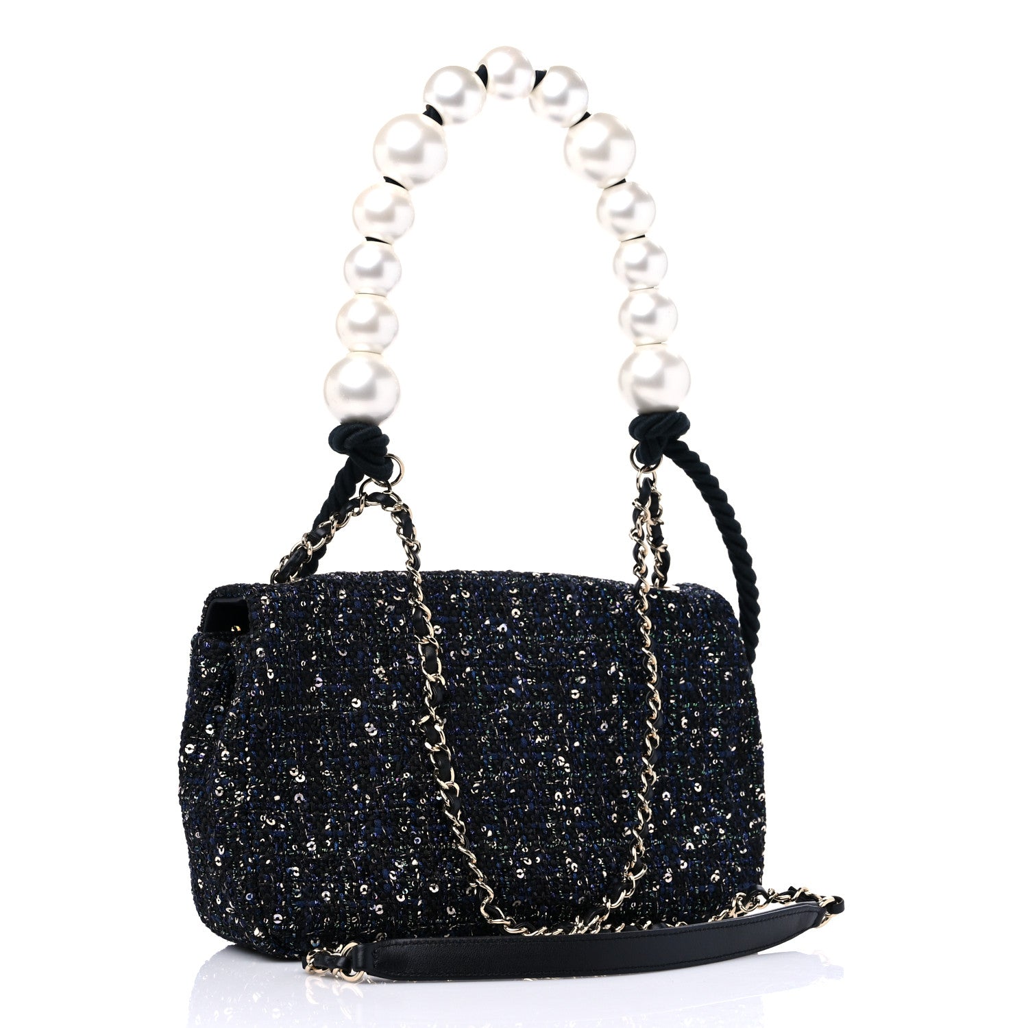 Chanel Tweed Medium Pearl Handle Flap Black Ecru 3 of 9
