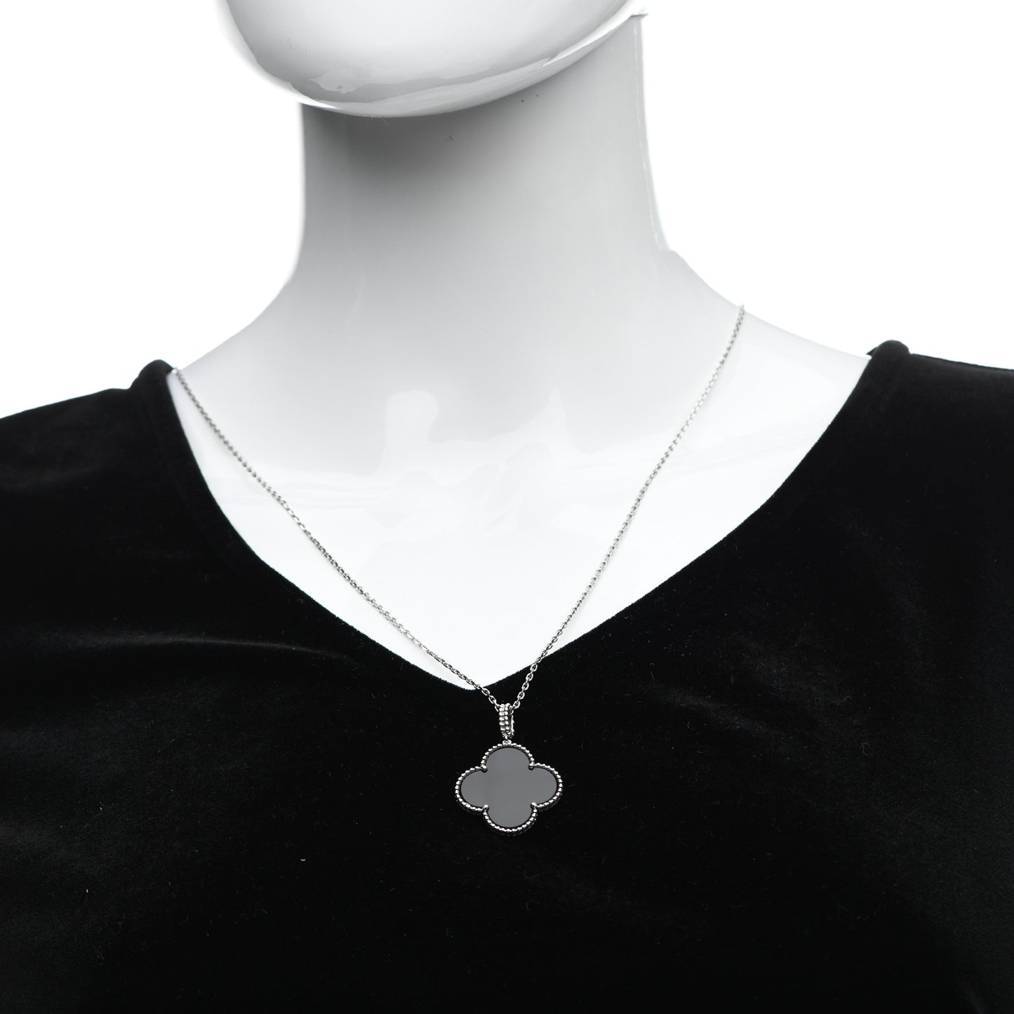 18K White Gold Black Onyx Magic Alhambra Pendant Necklace