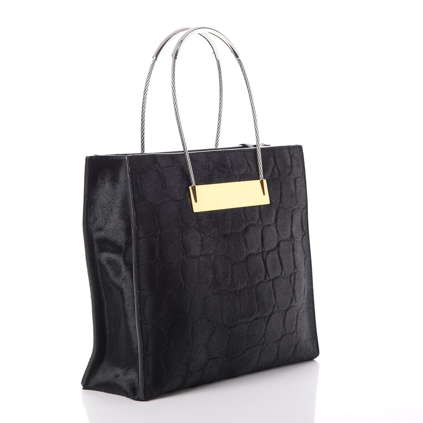 Calf Hair Crocodile Embossed Small Cable Shopper Tote Black