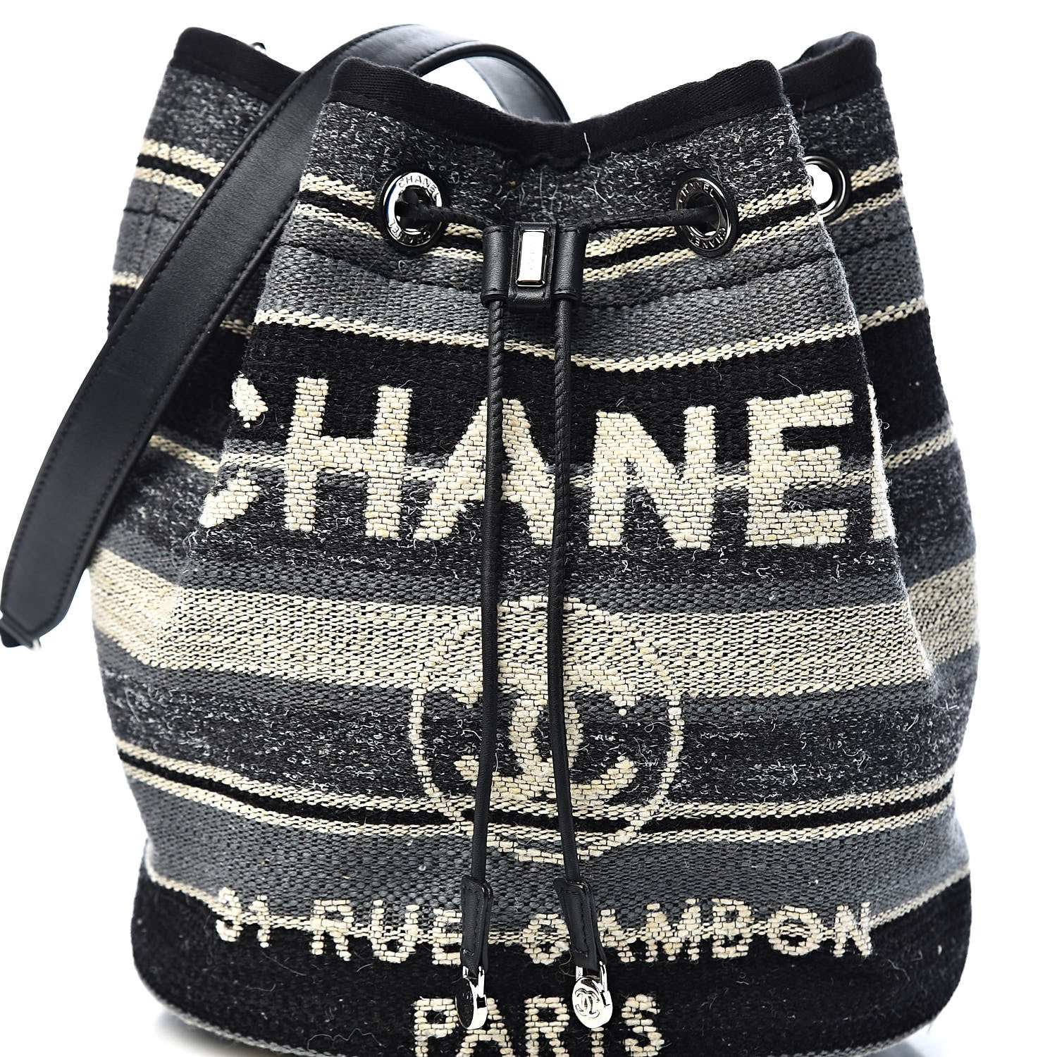 Chanel Striped Canvas Deauville Drawstring Bag Grey Black 10 of 11