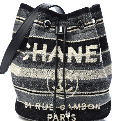 Chanel Striped Canvas Deauville Drawstring Bag Grey Black 10 of 11