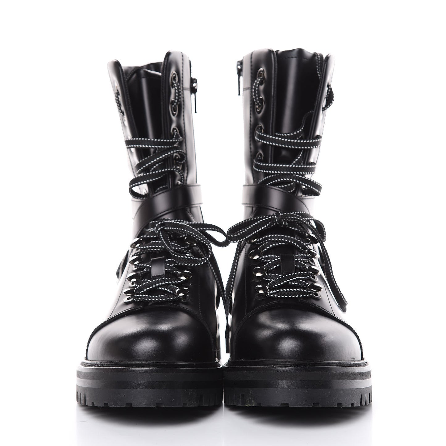 Smooth Calfskin Rockstud Buckled 25mm Combat Boots 38.5 Black