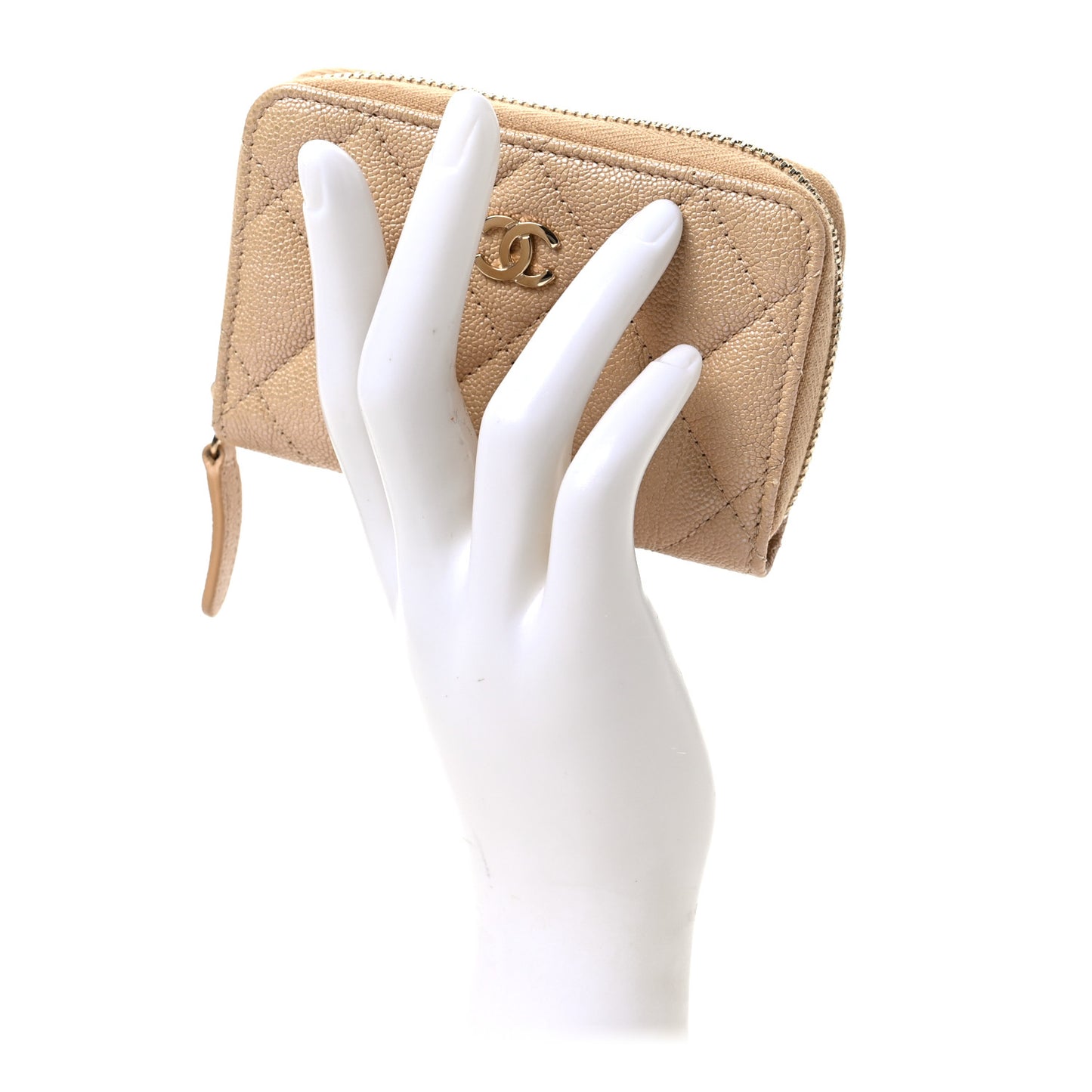 Iridescent Caviar Quilted Zip Around Coin Purse Beige