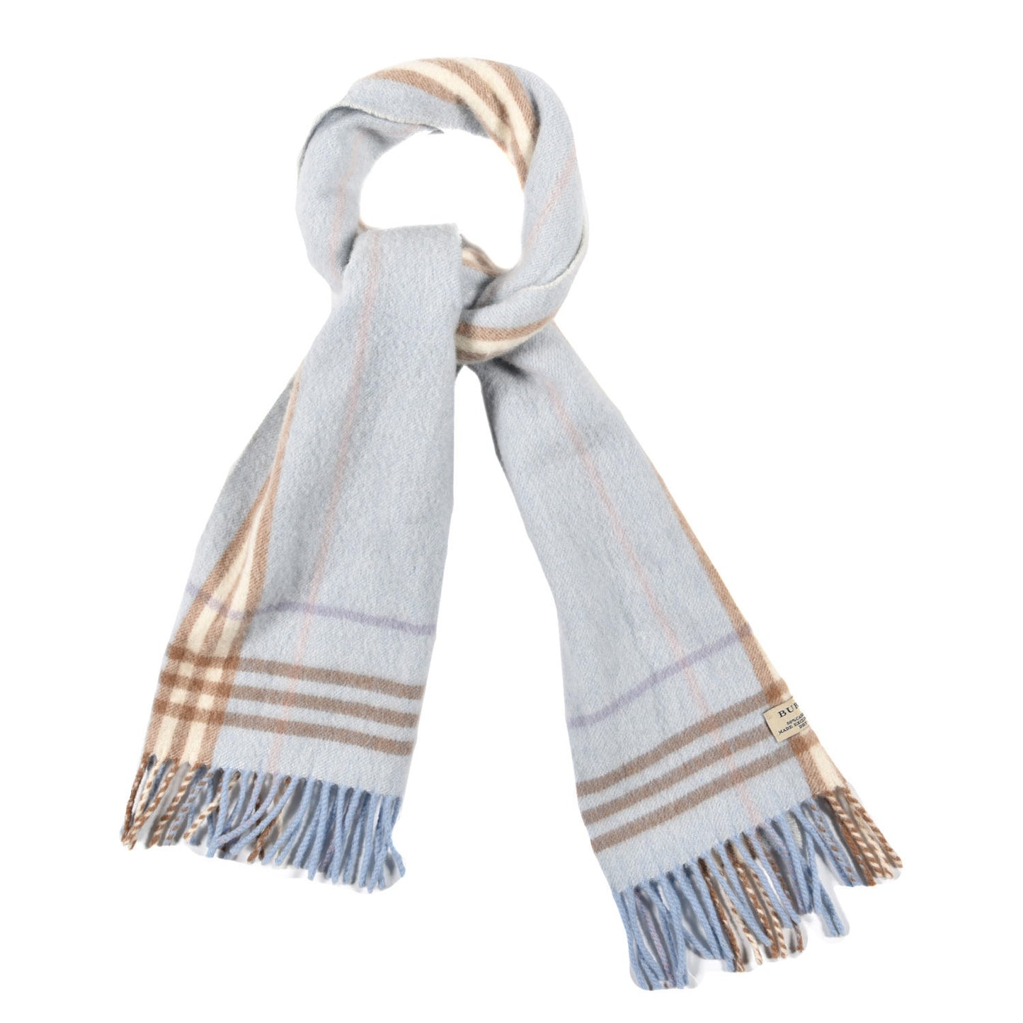 Cashmere Wool Check Fringe Scarf Light Blue